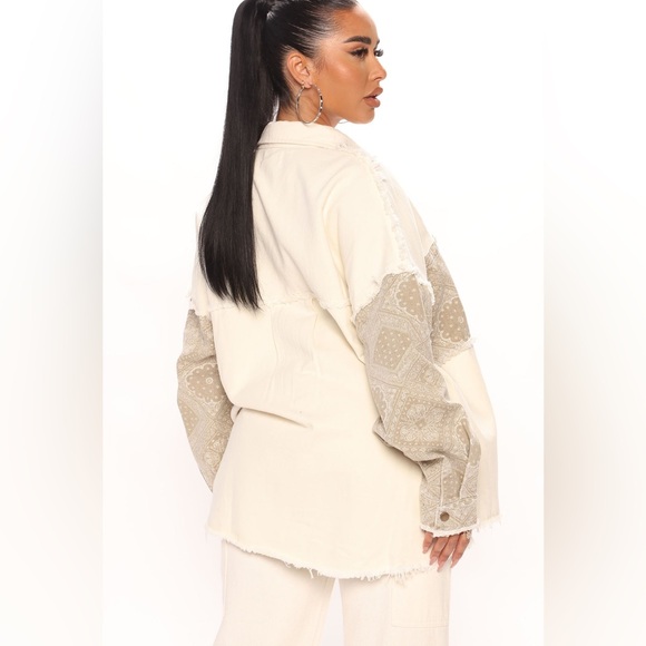 Oli & Hali Off White Olive Bandana Patchwork Shacket Medium Oversize Snap Jacket - Picture 4 of 17
